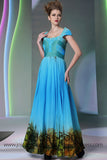 Blue Cap Sleeves Printed Formal Prom Evening Dress DQ830963