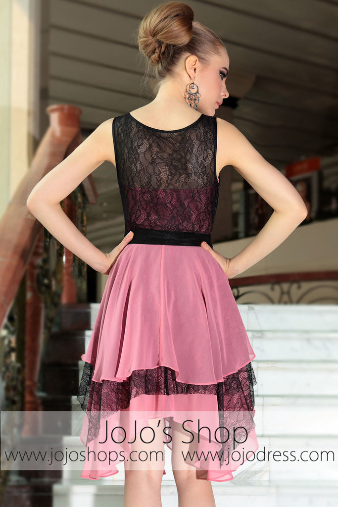 Black Pink Modest Knee Length Cocktail Party Evening Formal Dress