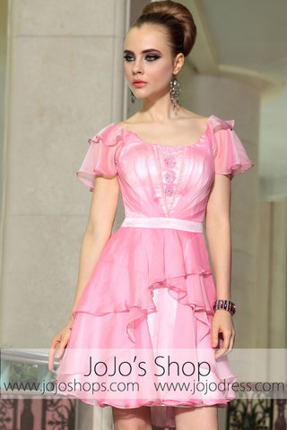 Pink Ruffle Short Butterfly Sleeves Bridesmaid Evening Cocktail Dress DQ86057