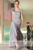 Gray Silver Hi Low Modest Short Sleeves Prom Evening Cocktail Dress DQ86066