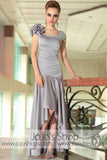 Gray Silver Hi Low Modest Short Sleeves Prom Evening Cocktail Dress DQ86066