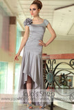 Gray Silver Hi Low Modest Short Sleeves Prom Evening Cocktail Dress DQ86066