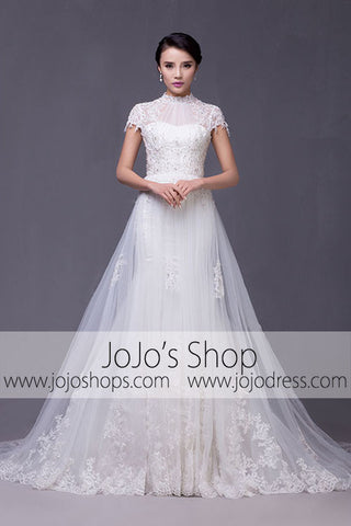 Modest Keyhole A-line Cap Sleeves Lace Overlay Wedding Dress | G2004