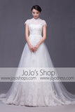 Modest Keyhole A-line Cap Sleeves Lace Overlay Wedding Dress | G2004