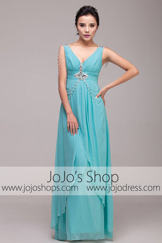 Grecian Goddess Blue V Neck Formal Prom Dress | G2011