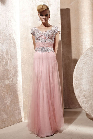 Pink Short Sleeves Tulle Lace Applique Evening Gown CX880965