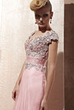 Pink Short Sleeves Lace Applique Evening Gown CX880965