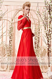 Long Sleeves Red and Gold Retro Style Evening Dress