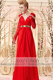 Long Sleeves Red and Gold Retro Style Evening Dress