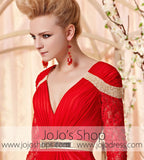 Long Sleeves Red and Gold Retro Style Evening Dress