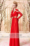 Long Sleeves Red and Gold Retro Style Evening Dress