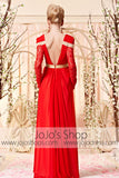 Long Sleeves Red and Gold Retro Style Evening Dress