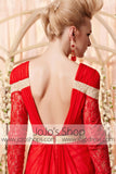 Long Sleeves Red and Gold Retro Style Evening Dress