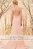 Apricot Blush Pink Lace Applique See through back Formal Prom Dress