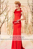 Modest Red Sleek Evening Dress with Collar CX830338