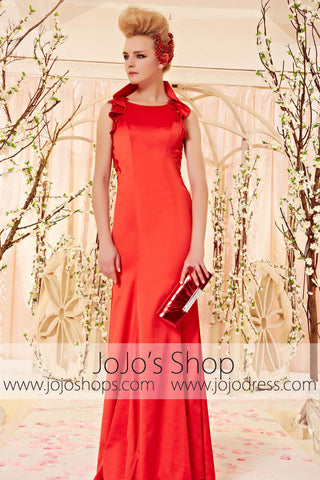 Modest Red Sleek Evening Dress with Collar CX830338