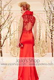 Modest Red Sleek Evening Dress with Collar CX830338