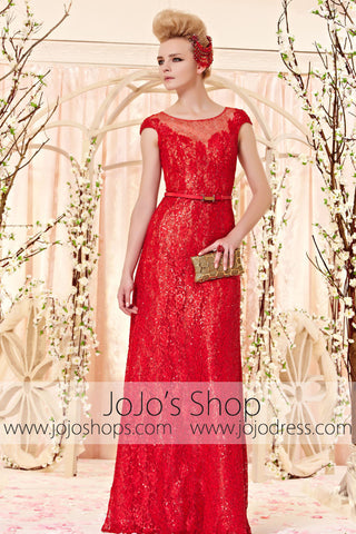 Modest Scoop Neck Red Lace Evening Dress CX830351