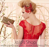 Modest Scoop Neck Red Lace Evening Dress CX830351 Back