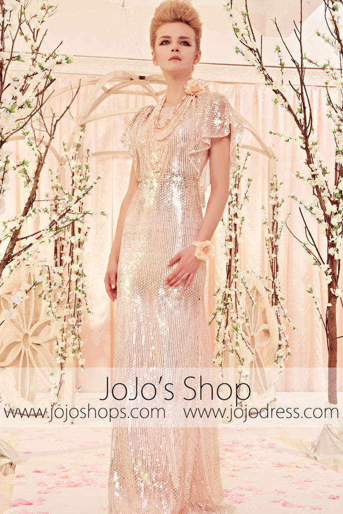 Retro Vintage 30s Sequined Champagne Evening Dress CX830353