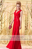 Red Fit and Flare V Neck Keyhole Evening Dress with Slit CX830356