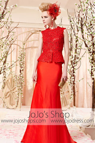 Red Lace Sleeveless Keyhole Formal Evening Dress CX30391