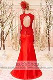 Red Lace Sleeveless Keyhole Formal Evening Dress CX30391