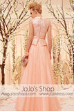 Modest Princess Short Sleeves Peach Pink Prom Dress
