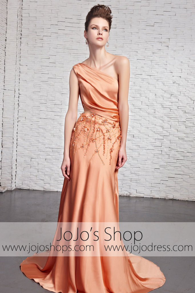 Grecian Orange Silky Sleek One Shoulder Black Tie Evening Dress CX8813 jojos Grecian Orange Silky Sleek One Shoulder Black Tie Evening Dress CX8813 jojos
