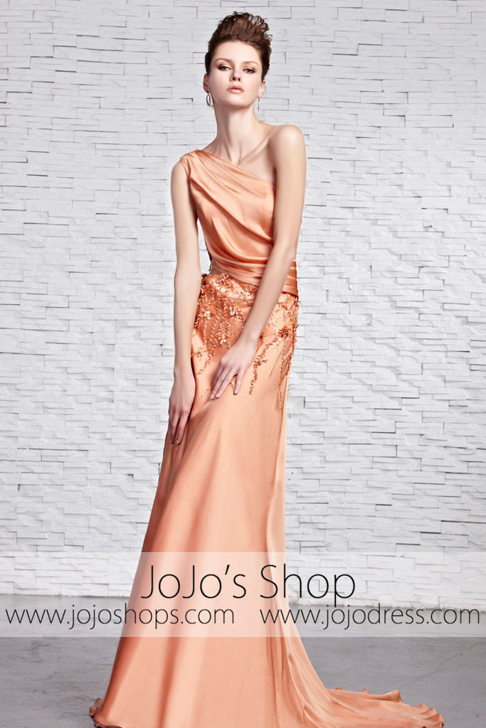 Grecian Orange Silky Sleek One Shoulder Black Tie Evening Dress CX8813 jojos Grecian Orange Silky Sleek One Shoulder Black Tie Evening Dress CX8813 jojos