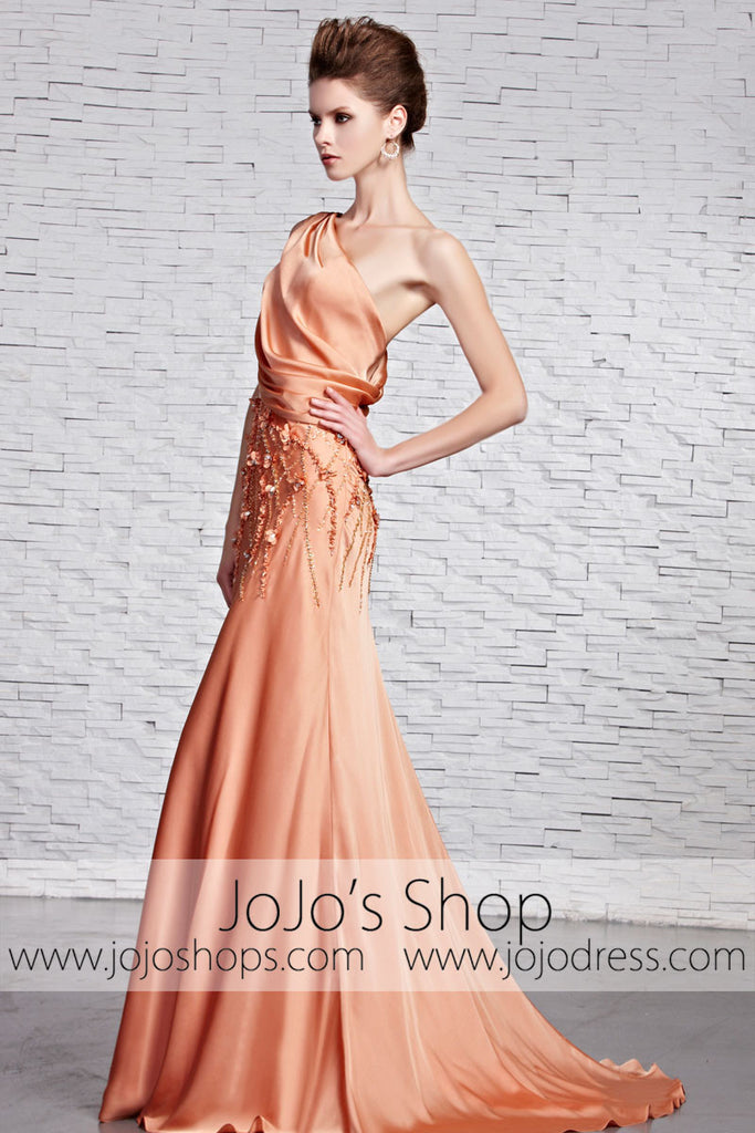 Grecian Orange Silky Sleek One Shoulder Black Tie Evening Dress CX8813 jojos Grecian Orange Silky Sleek One Shoulder Black Tie Evening Dress CX8813 jojos