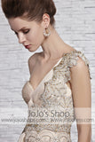 Grecian Beige Champagne Goddess One Shoulder Black Tie Red Carpet Dress CX881369