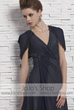 Navy Blue Short Sleeves Chiffon V Neck Evening Formal Dress CX881533