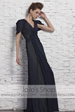 Navy Blue Short Sleeves Chiffon V Neck Evening Formal Dress CX881533