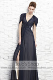 Navy Blue Short Sleeves Chiffon V Neck Evening Formal Dress CX881533
