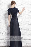 Navy Blue Short Sleeves Chiffon V Neck Evening Formal Dress CX881533