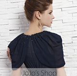 Navy Blue Short Sleeves Chiffon V Neck Evening Formal Dress CX881533