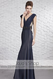 Sophisticated Navy Blue Dress Award Designer V Neck Evening Formal Dress CX881609