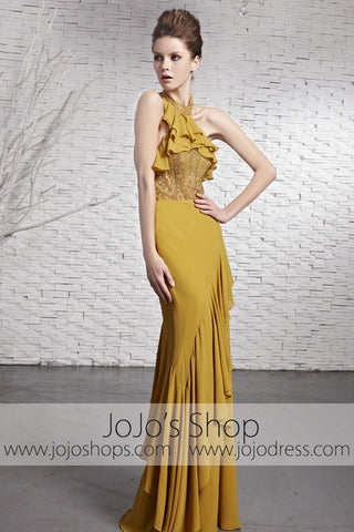 Yellow Brown Stylish Halter Designer Evening Formal Dress CX881618