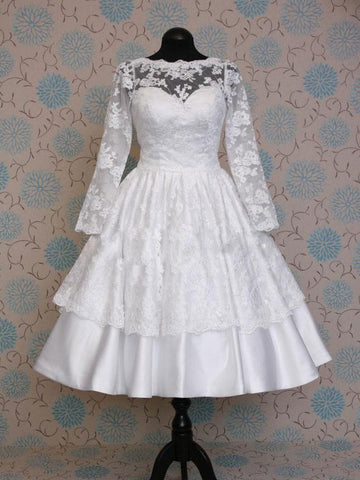 Retro 50s Short Tea Length Long Sleeves Keyhole Lace Wedding Dress