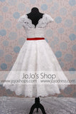 Retro 50s Tea Length Short Sleeve V Neck Tulle Lace Scallop Edge Wedding Dress