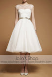 Retro 50s 60s Short Knee Length Modest Short Sleeves Wedding Dress with Sash Tie