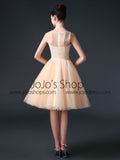 Champagne Modest Knee Length Tulle Prom Formal Dress CC3004