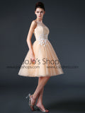 Champagne Modest Knee Length Tulle Prom Formal Dress CC3004