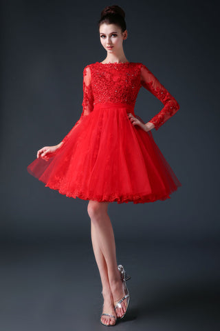 Red Modest Long Sleeves Short Cocktail Prom Dress CC3001