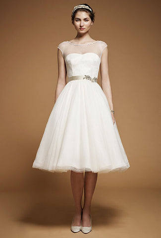 Retro 50s 60s Short Modest Short Sleeves Wedding Dress with Sash