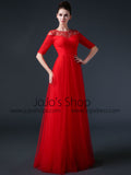 Red Modest Formal Prom Pageant Evening Dress with Sleeves CC3002