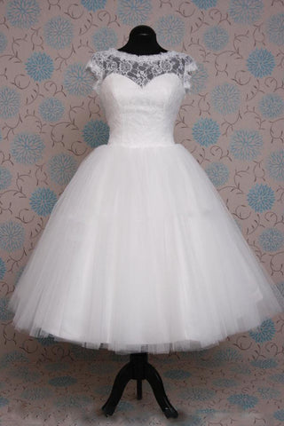 Retro 50s Tea Length Short Sleeve Tulle Lace Wedding Dress