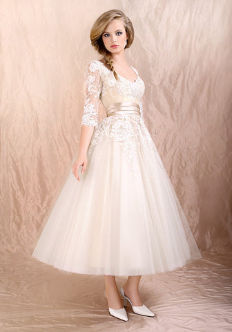 Retro 50s 60s Tea Length Long Sleeves Lace Tulle Formal Wedding Dress