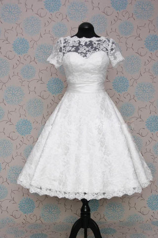 Retro 50s 60s Short Tea Length Modest Short Sleeves Wedding Dress with Sash Tie